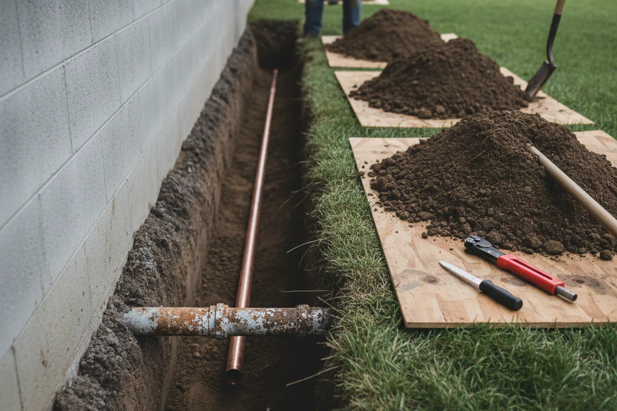Excavated water line trench during Water Heater Repair in Clayhole